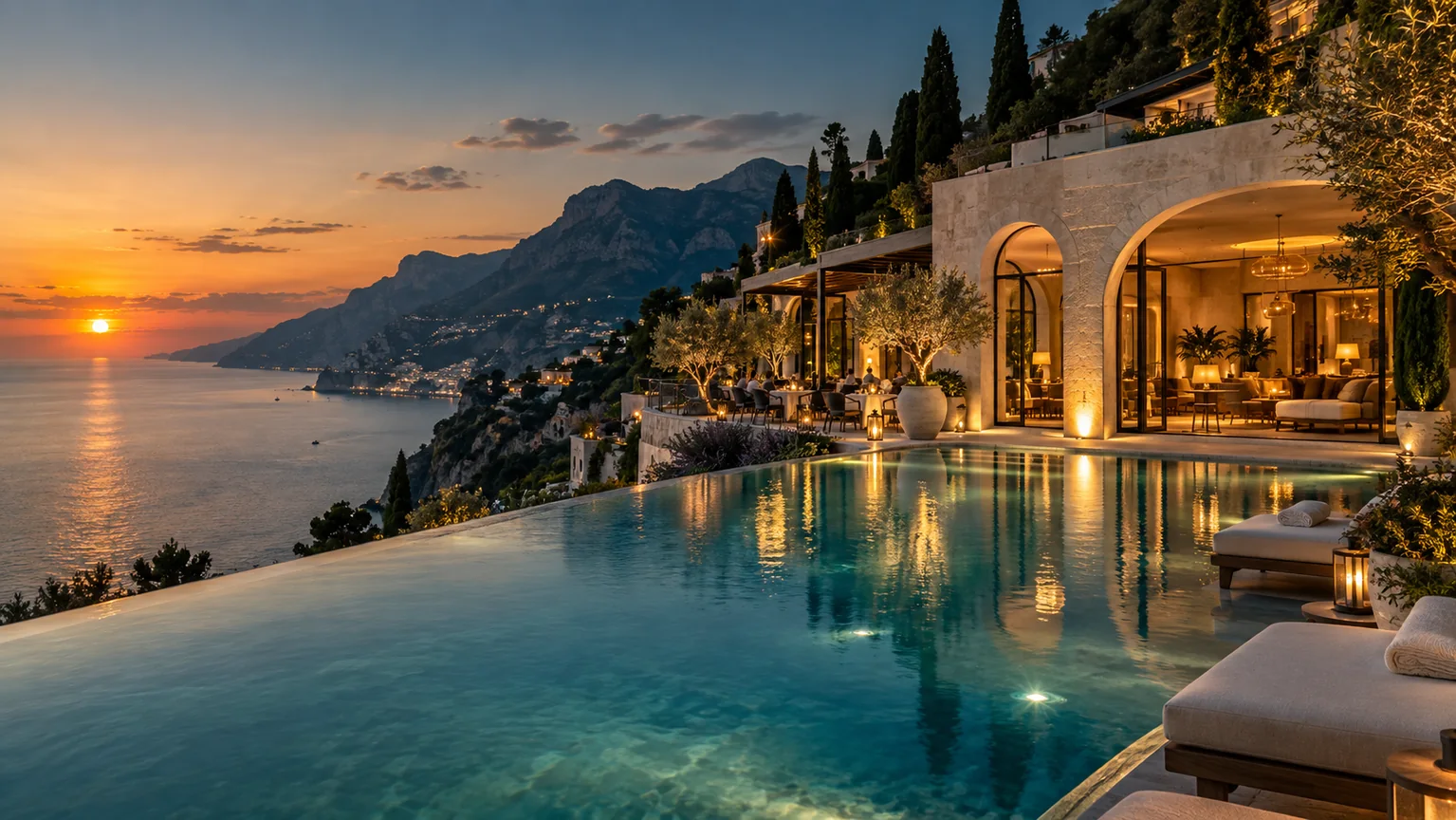 Coastal hotel with an infinity pool at sunset